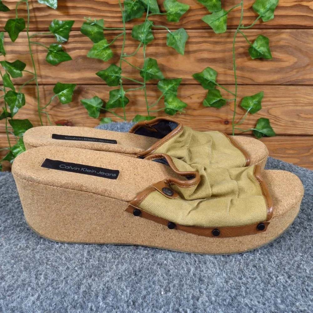 Calvin Klein Jeans Yvana Women Wedge Sandal Size 7.5 Summer Platform Tan Cork